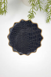 Siyah Suni Timsah Derisi Kumaş Tırtıklı Oval Nakışlı Kokteyl Peçetesi 1 Adet